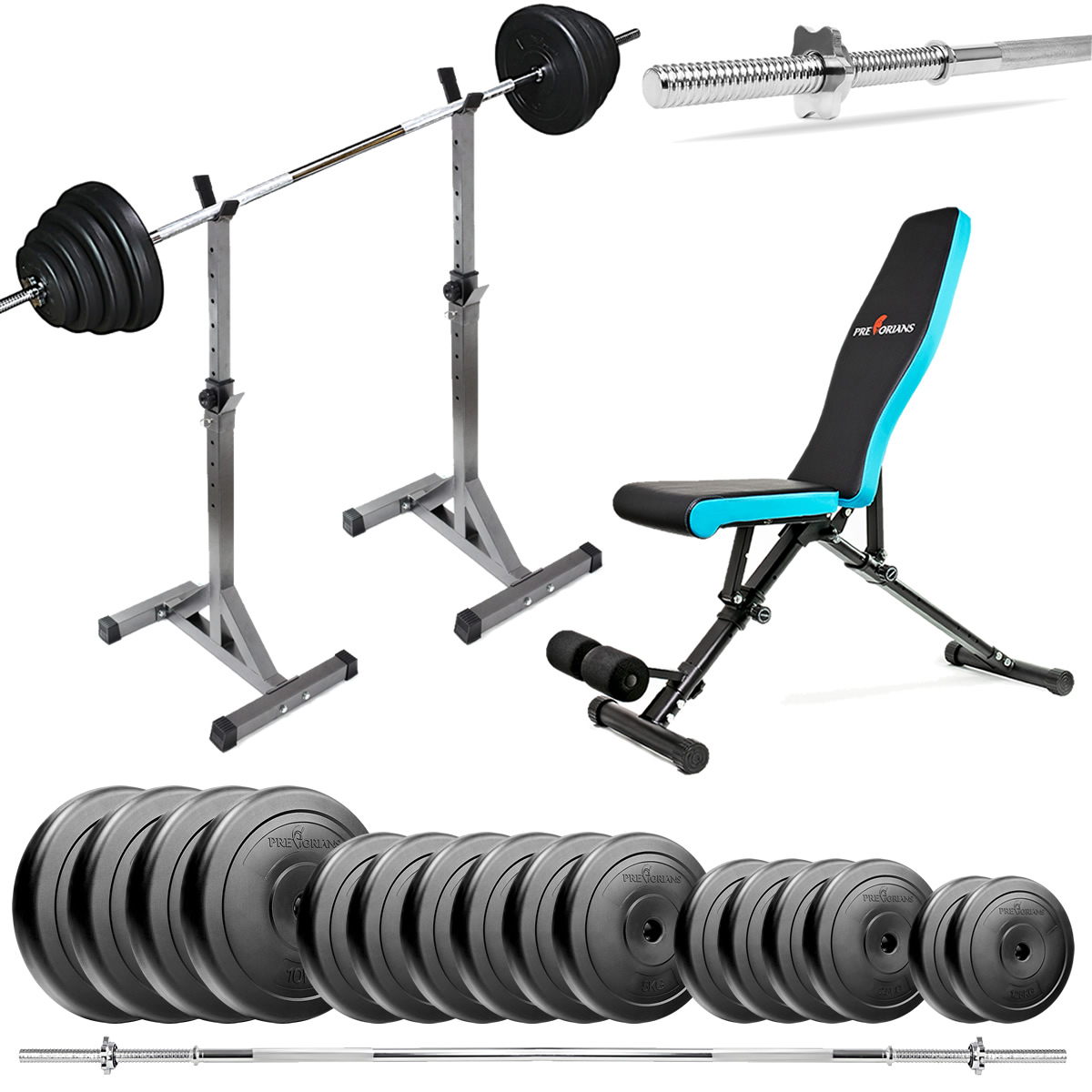 Zestaw do ćwiczeń 114kg z ławką treningową TB891, stojakami, sztangą / gryfem prostym 180cm, obciążeniem 82,5kg